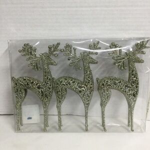 Glittery Silver Reindeer Ornaments Set of 3 New